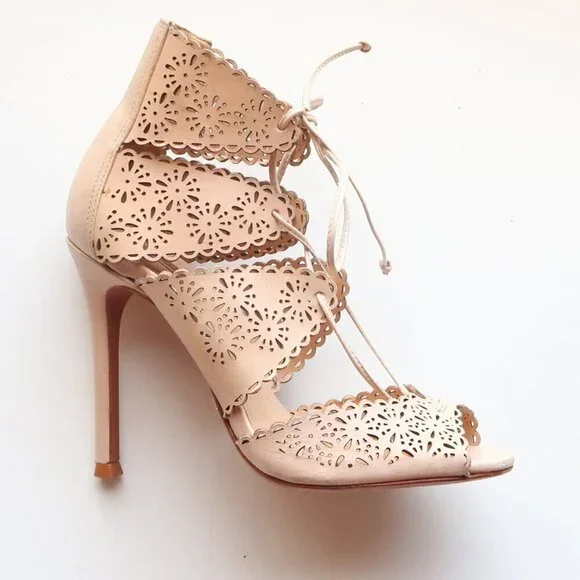 Schutz Tan Perforated Leather Heels Lace-up Peep Toe Summer Shoes Size 6.5 - Picture 9 of 16